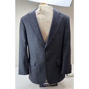 Savile Row Lambswool Vintage Tweed Blazer Houndstooth Leather Buttons 42R Navy